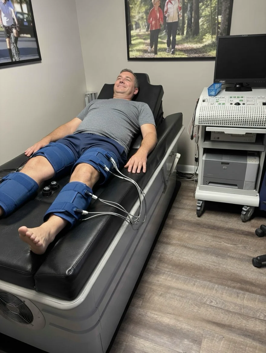 A patient receiving ECP therapy with pressure cuffs on the legs at Preventive Medicine